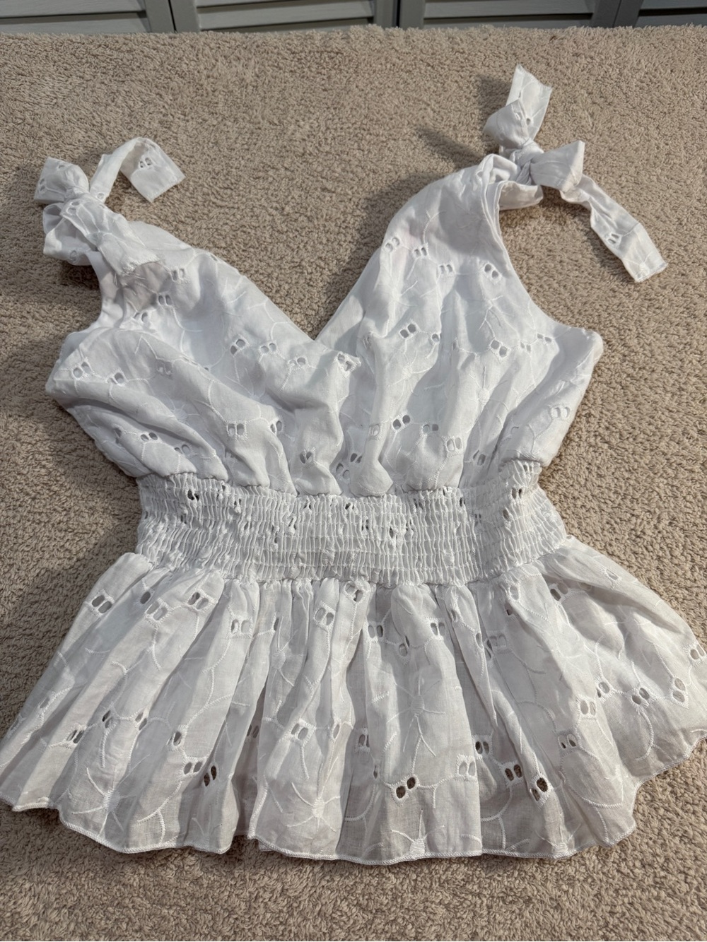 Pink Lily White Eyelet Smocked Tie‑Strap Top L Summer Resort Wear